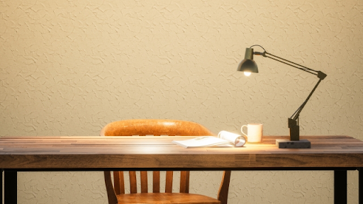 漆喰壁が使用された部屋 机 テーブル デスクライト