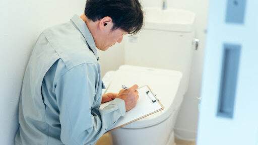 工事業者の人が書類に必要事項を記入している　トイレの状態を確認している
